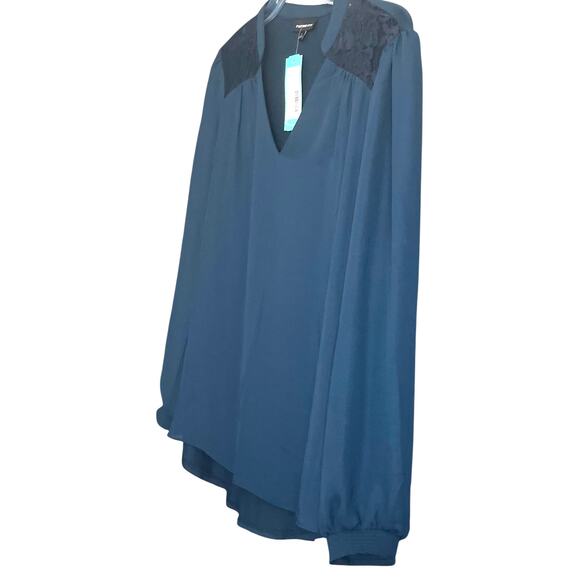 FORTUNE+IVY LONG SLV, V-NECK, LACE SHOULDER BLOUSE, WOMENS, XL, NAVY BLUE - Picture 4 of 12